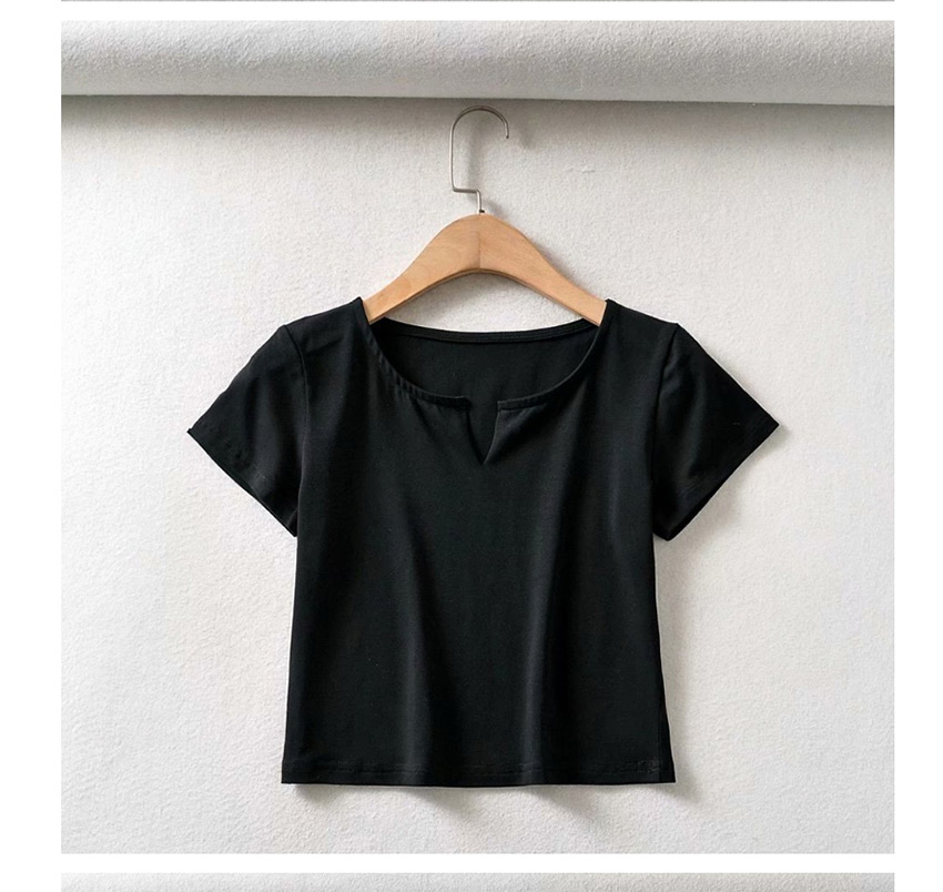 Fashion Black V-neck Solid Color Short Sleeve Slim Pullover T-shirt,Hair Crown