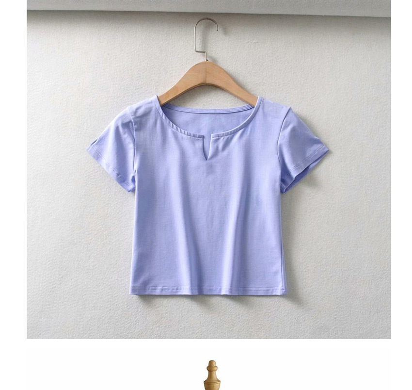 Fashion Light Purple V-neck Solid Color Short Sleeve Slim Pullover T-shirt,Hair Crown