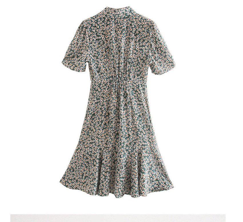 Fashion Green Chrysanthemum Ruffled V-neck Waist Dress,Mini & Short Dresses