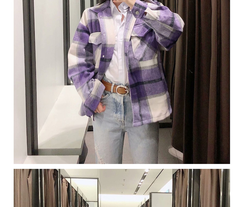 Fashion Purple Checked Woollen Lapel Loose Coat,Coat-Jacket