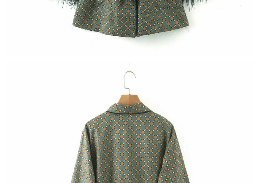 Fashion Dark Green Geometric Print Chicken Feather Stitching Lace Blazer,Coat-Jacket