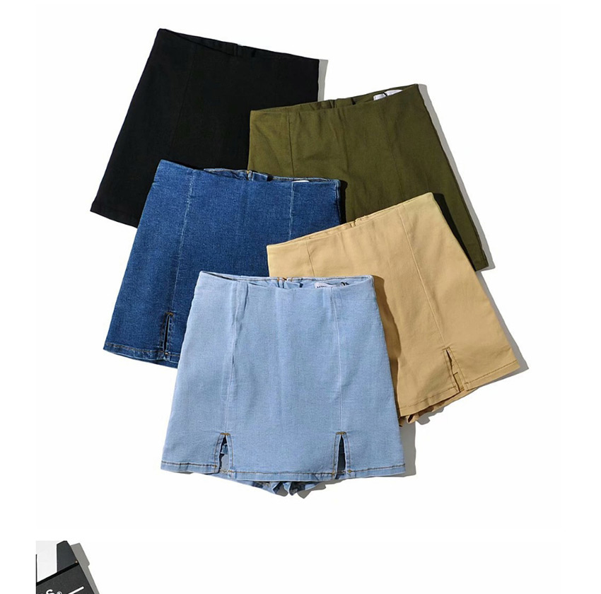 Fashion Khaki Washed Double Slit Jeans Skirt,Skirts