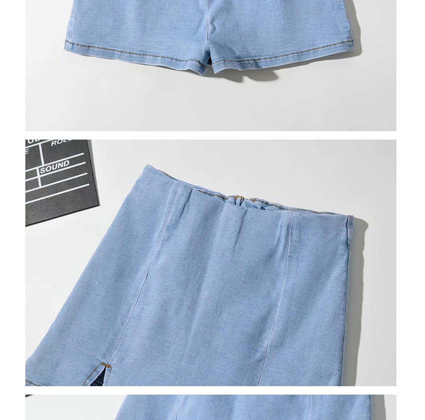 Fashion Light Blue Washed Double Slit Jeans Skirt,Skirts