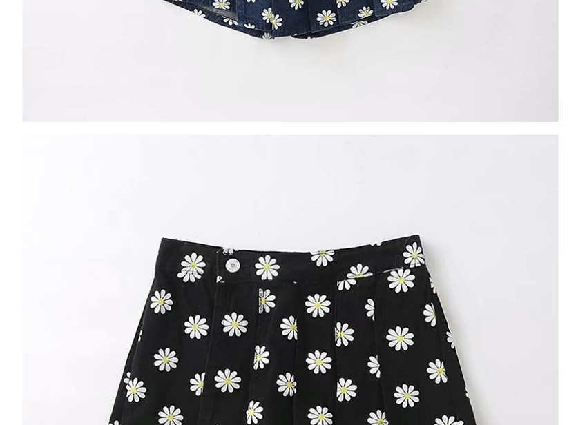 Fashion Small Chrysanthemum On Black Washed Loose Printed Pleated Jeans,Denim