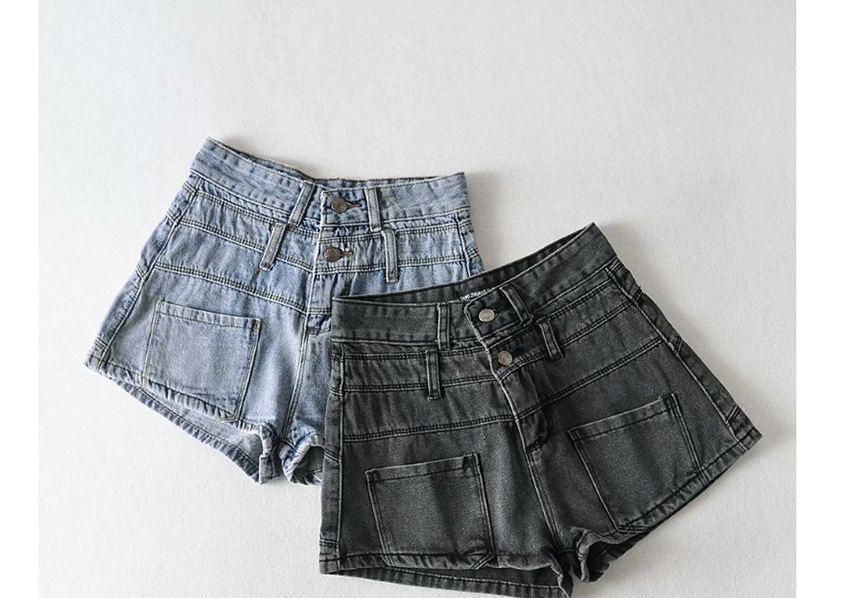 Fashion Blue Washed Double-waist Denim Slim-fit Shorts,Shorts