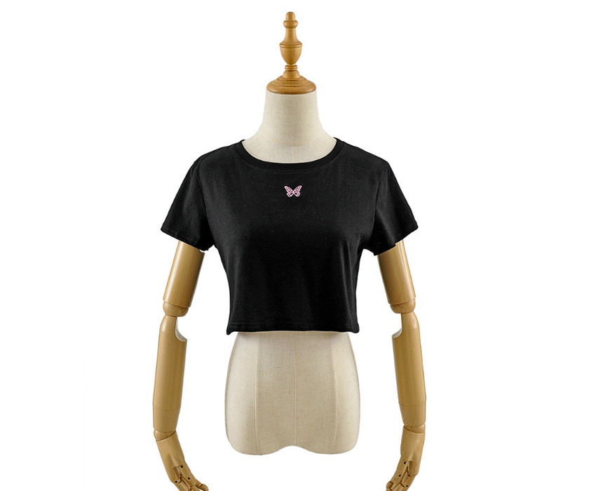 Fashion Black Short Sleeve T-shirt With Loose Butterfly Print,Hair Crown