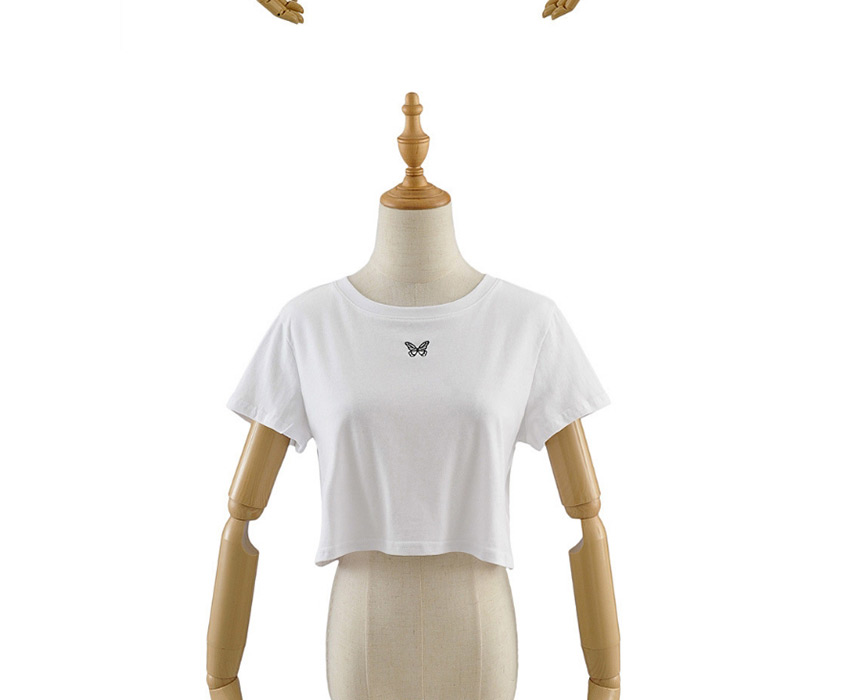 Fashion White Short Sleeve T-shirt With Loose Butterfly Print,Hair Crown