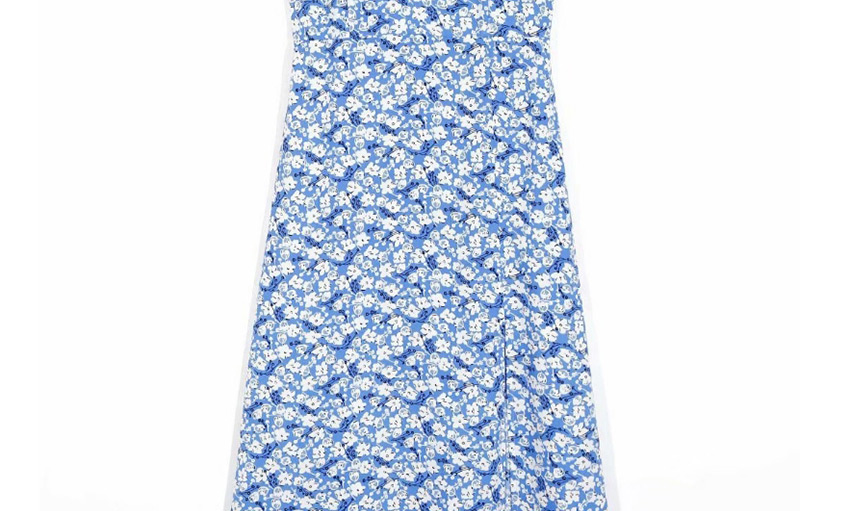 Fashion Blue V-neck Split Dress With Floral Print Suspenders,Long Dress