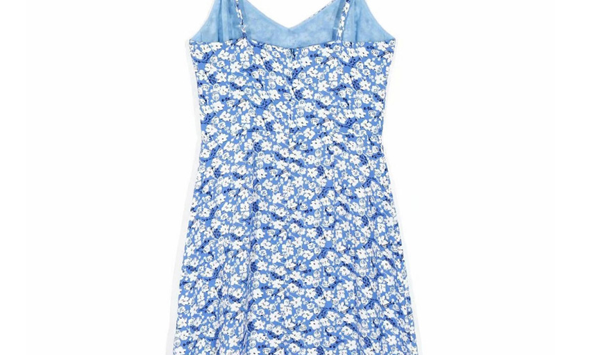 Fashion Blue V-neck Split Dress With Floral Print Suspenders,Long Dress