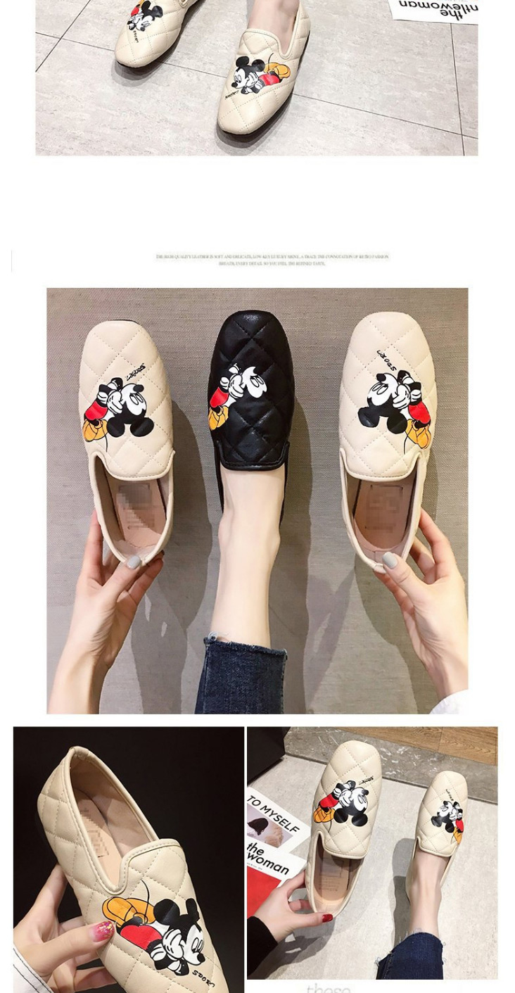 Fashion Khaki Mickey Mouse Printed Square Head Flat Shoes  Artificial Pu,Slippers