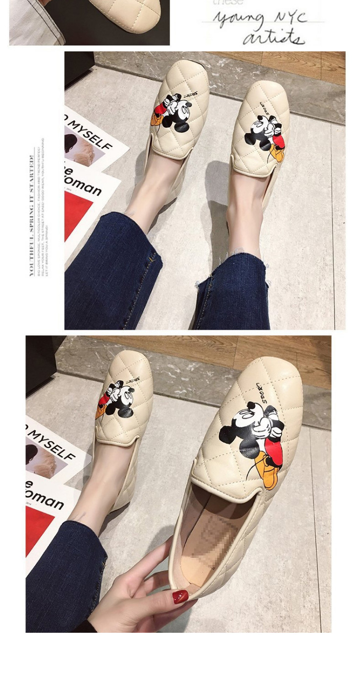 Fashion Khaki Mickey Mouse Printed Square Head Flat Shoes  Artificial Pu,Slippers