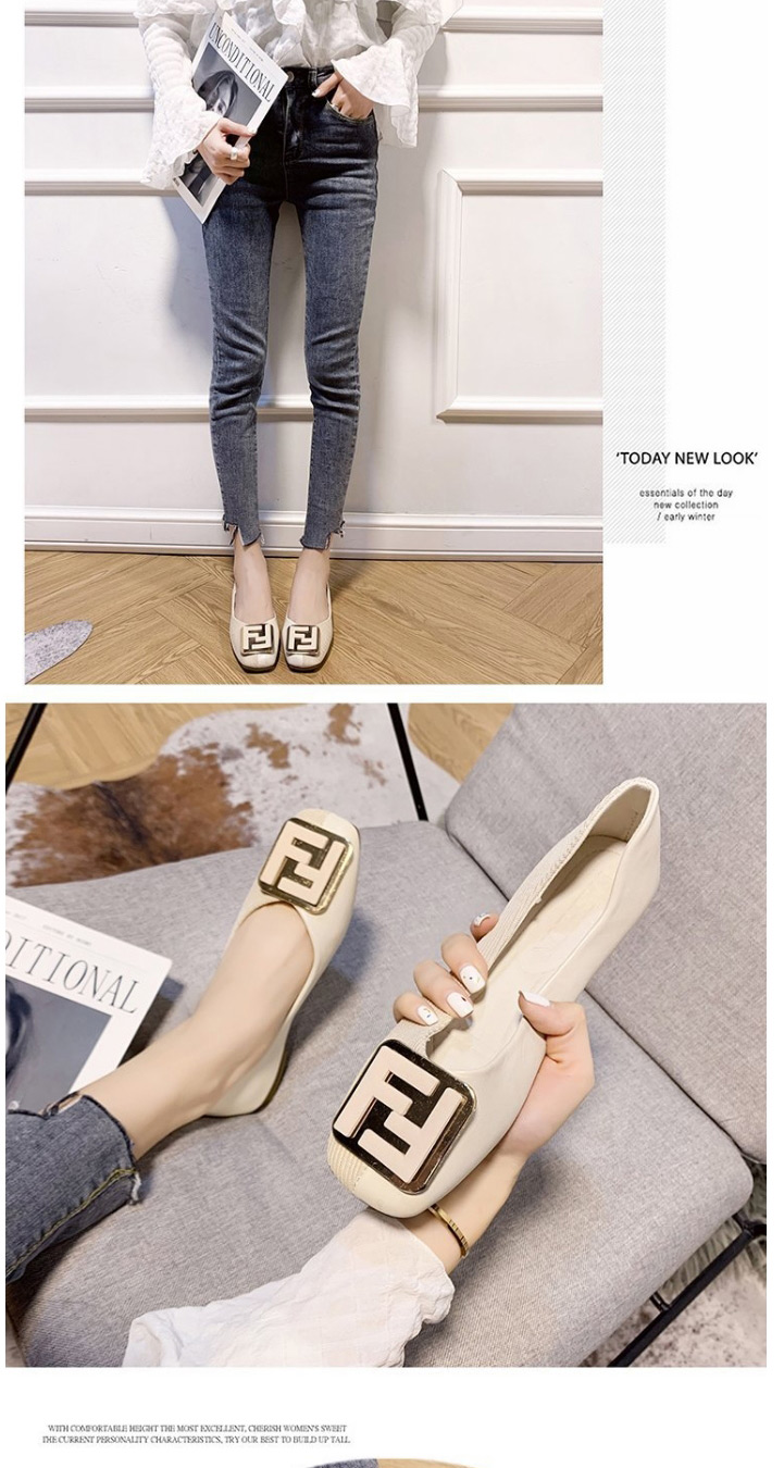 Fashion Beige Square Buckle Shallow Mouth Flat Shoes With Metal Buckle  Artificial Pu,Slippers