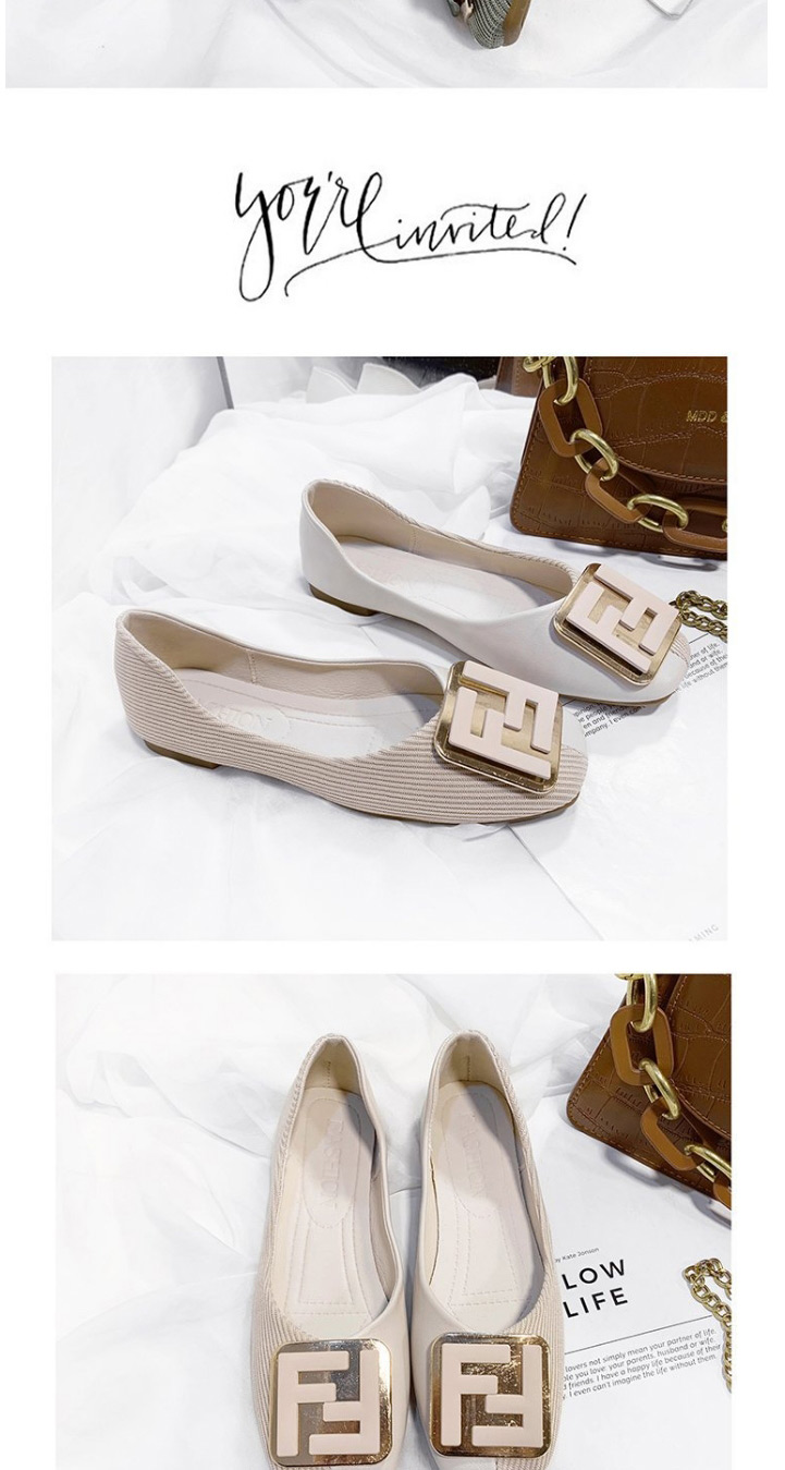 Fashion Beige Square Buckle Shallow Mouth Flat Shoes With Metal Buckle  Artificial Pu,Slippers