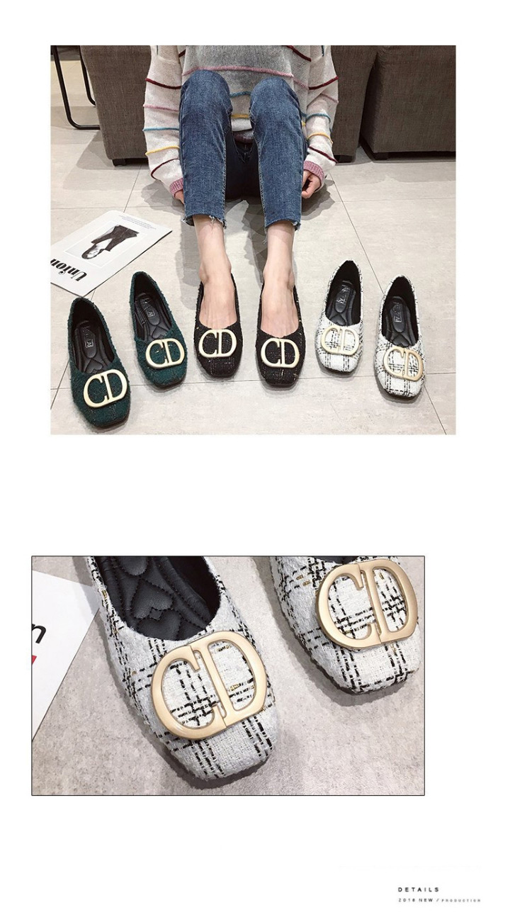 Fashion Beige Plaid Square Head Letter Shallow Mouth Flat Shoes  Woolen Cloth%2bpu,Slippers
