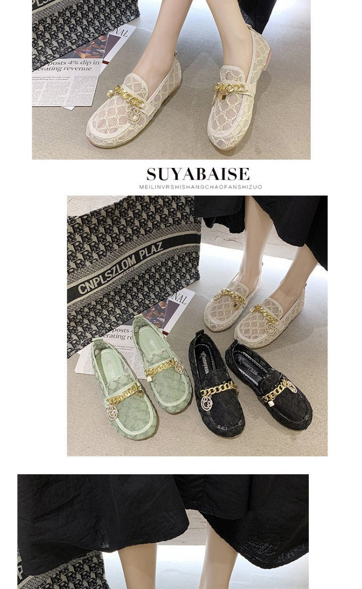 Fashion Creamy-white Letter Chain Round Head Flat Bottom Breathable Lace Mesh Single Shoes  Artificial Pu,Slippers