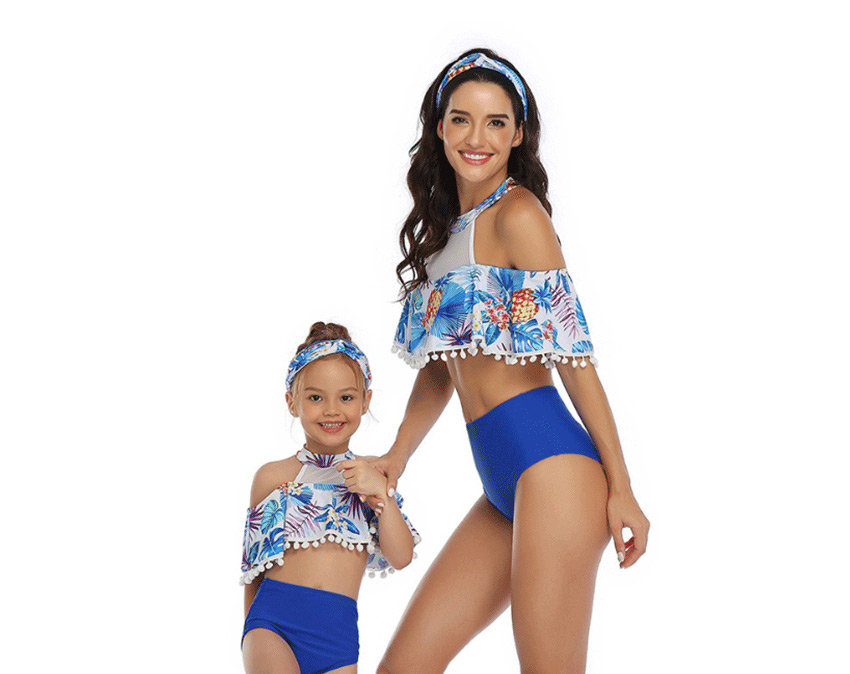 Fashion Blue Off-the-shoulder Printed Tassel High Waist Parent-child Split Swimsuit  Nylon,Swimwear Sets