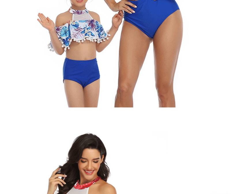 Fashion Blue Off-the-shoulder Printed Tassel High Waist Parent-child Split Swimsuit  Nylon,Swimwear Sets