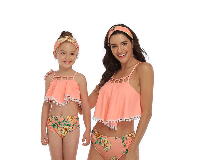 Fashion Orange Off-the-shoulder Printed Tassel High Waist Parent-child Split Swimsuit  Nylon,Swimwear Sets