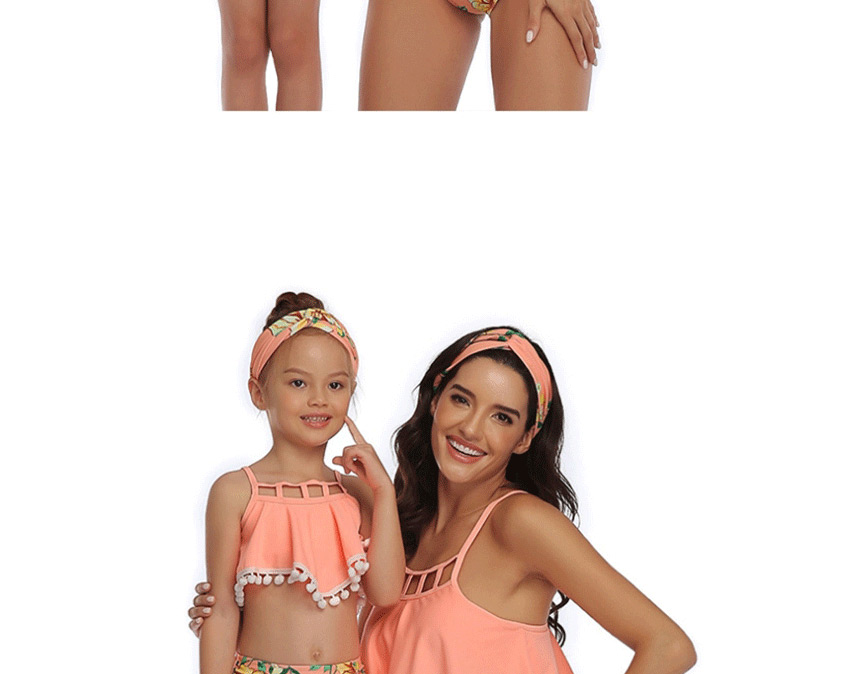 Fashion Orange Off-the-shoulder Printed Tassel High Waist Parent-child Split Swimsuit  Nylon,Swimwear Sets