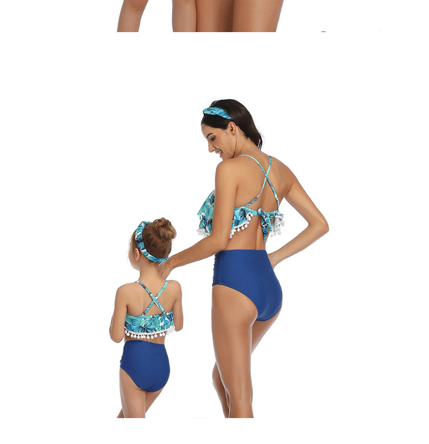 Fashion Blue Ball Hollow Printed Hanging Neck High Waist Parent-child Split Swimsuit  Nylon,Swimwear Sets