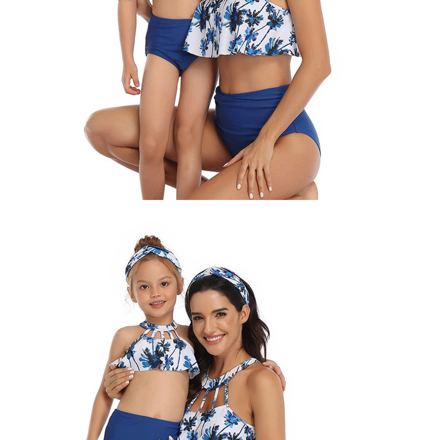 Fashion Blue Ball Hollow Printed Hanging Neck High Waist Parent-child Split Swimsuit  Nylon,Swimwear Sets