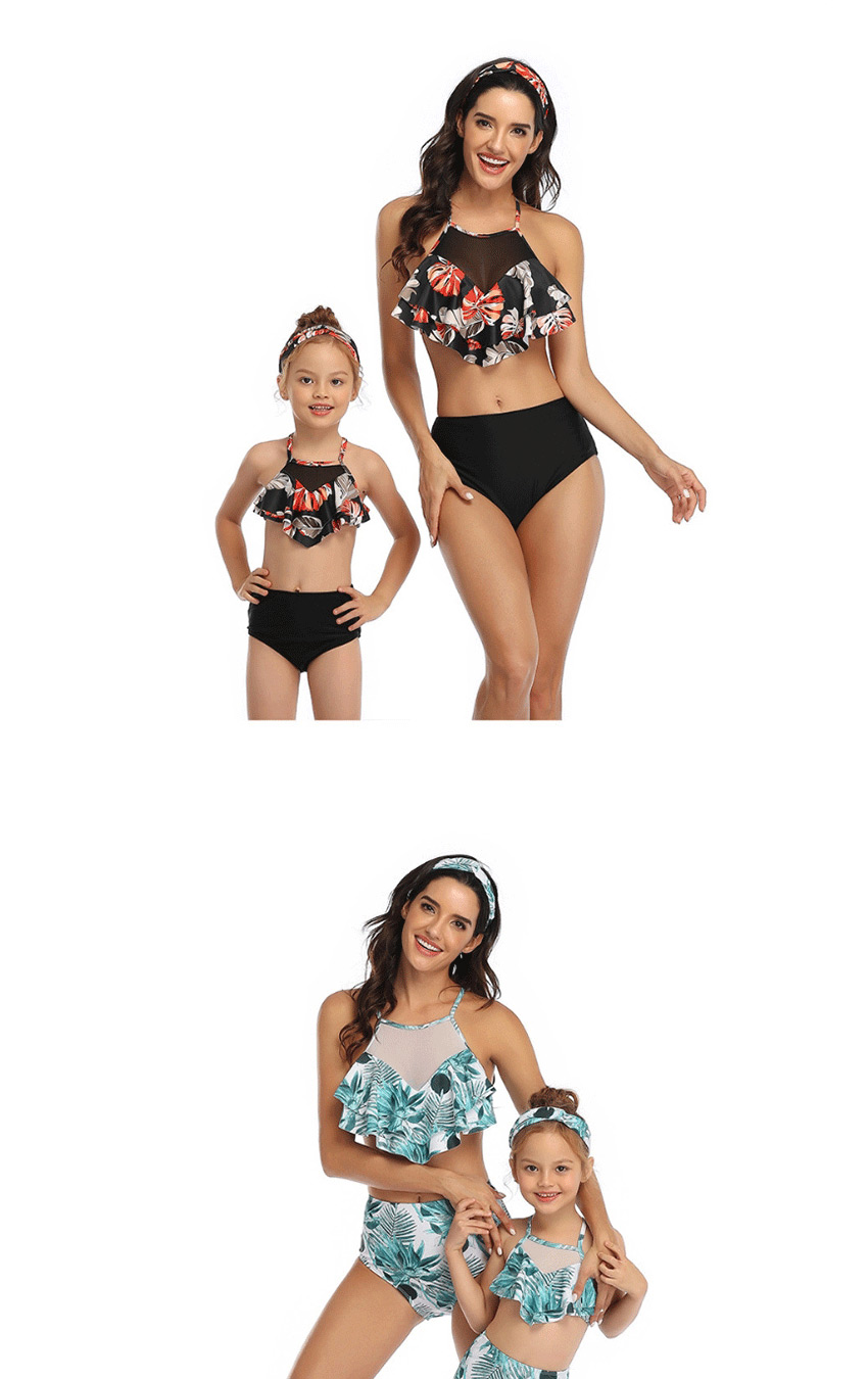 Fashion Under The Blue Coconut Tree Printed Stitching Mesh High Waist Parent-child Split Swimsuit  Nylon,Swimwear Sets