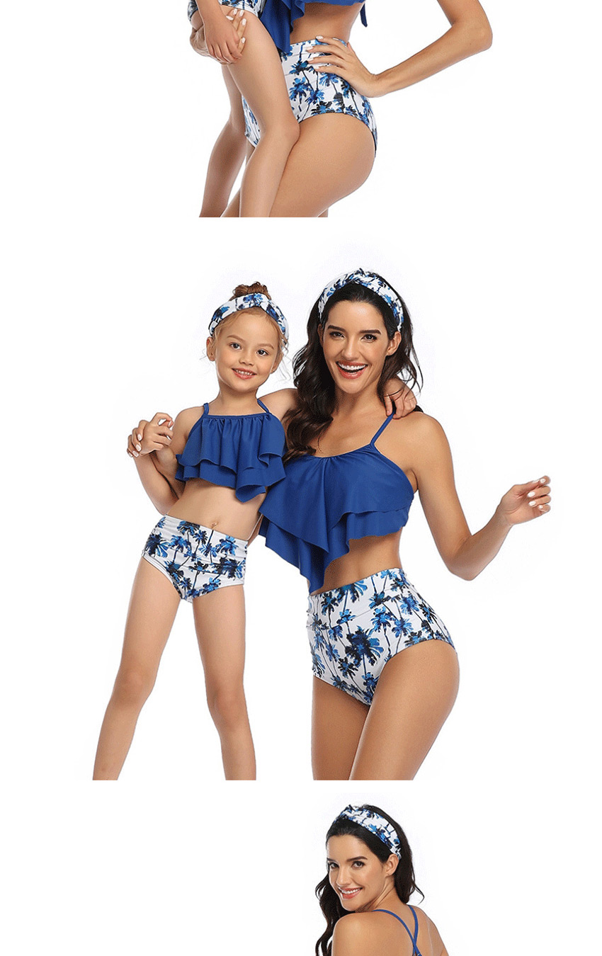 Fashion Up Blue Flowers Down Blue Pants Printed Stitching Mesh High Waist Parent-child Split Swimsuit  Nylon,Swimwear Sets