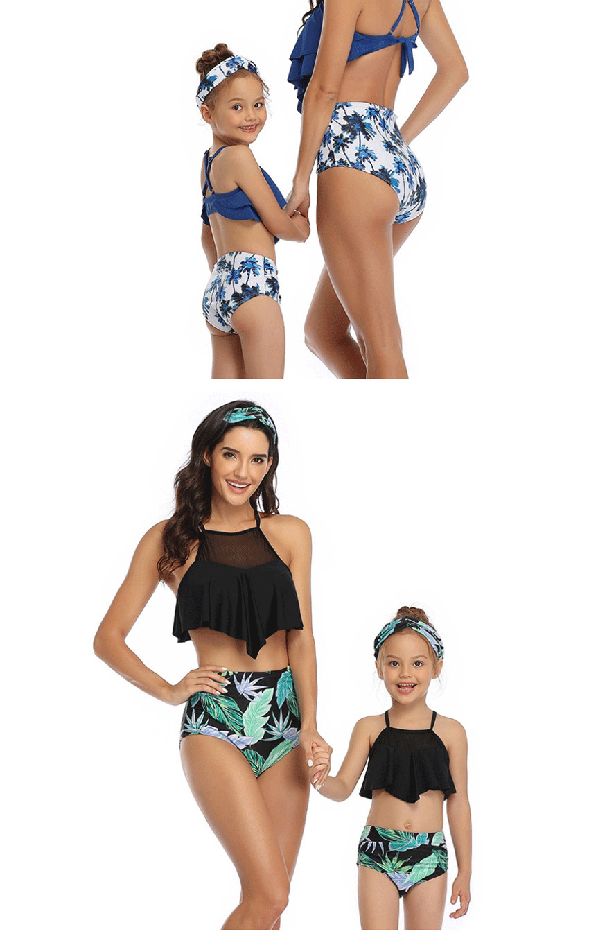Fashion Up And Down Printed Stitching Mesh High Waist Parent-child Split Swimsuit  Nylon,Swimwear Sets