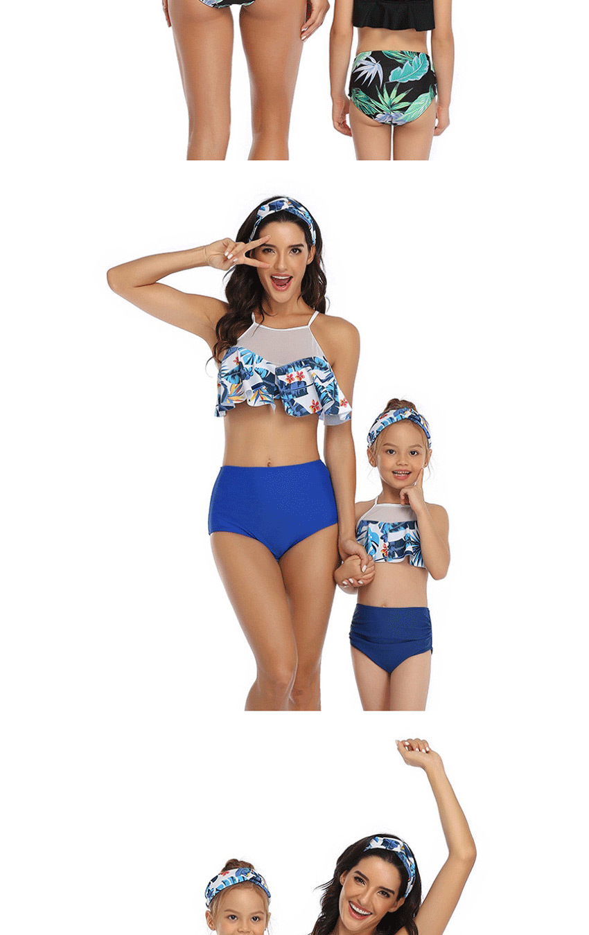 Fashion Under The Blue Coconut Tree Printed Stitching Mesh High Waist Parent-child Split Swimsuit  Nylon,Swimwear Sets