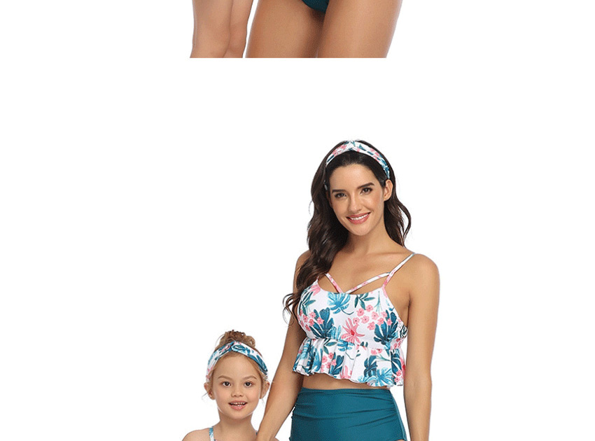Fashion Blue Ruffled Printed Hollow Parent-child Split Swimsuit  Nylon,Swimwear Sets