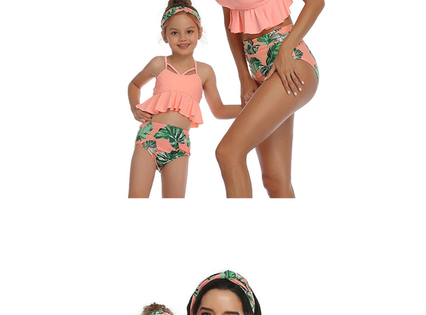Fashion Orange Ruffled Printed Hollow Parent-child Split Swimsuit  Nylon,Swimwear Sets