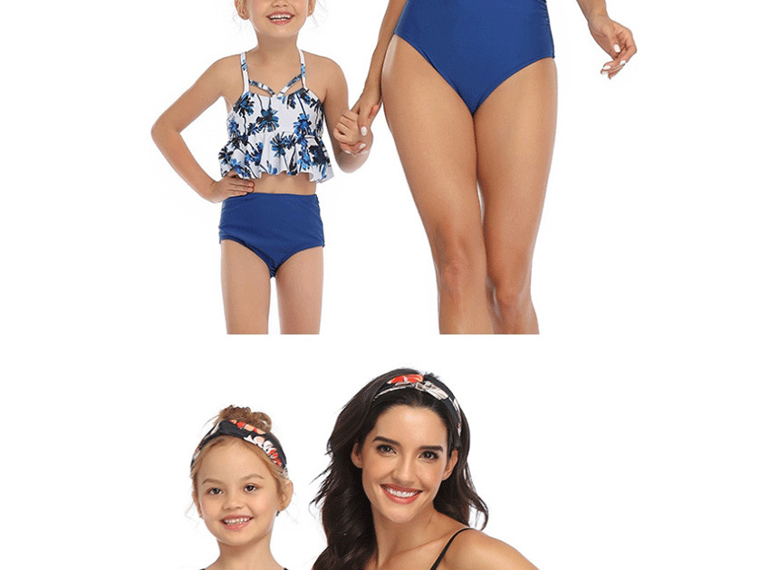 Fashion Blue Ruffled Printed Hollow Parent-child Split Swimsuit  Nylon,Swimwear Sets