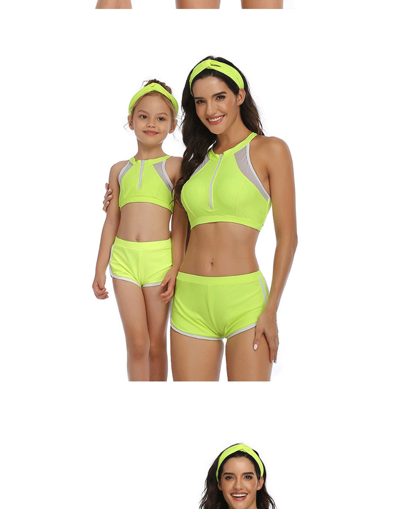 Fashion Fluorescent Green Printed Hanging Neck Parent-child Split Swimsuit  Nylon,Swimwear Sets