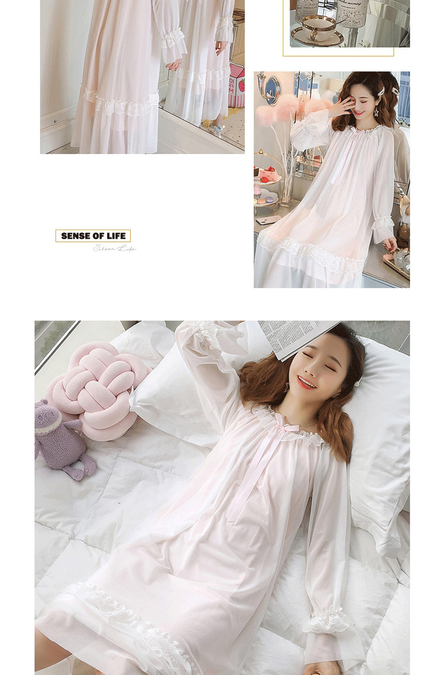 Fashion Pink Chest Pad Pure Cotton Ruffled Mesh Long-sleeved Nightdress  Cotton,CURVE SLEEP & LOUNGE