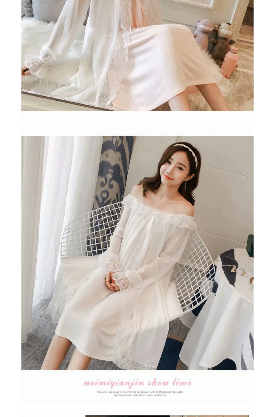 Fashion White Pure Cotton Ruffled Mesh Long-sleeved Nightdress  Cotton,CURVE SLEEP & LOUNGE