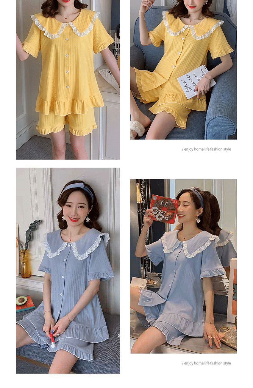 Fashion Lemon Yellow Pure Cotton Short Sleeve Ruffled Home Service Suit  Cotton,CURVE SLEEP & LOUNGE