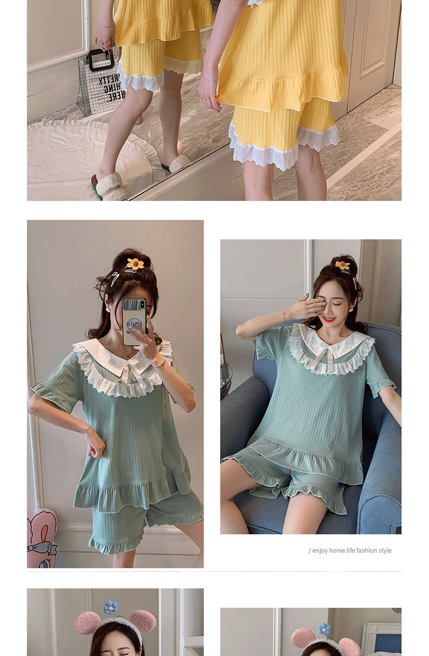 Fashion Bean Green Pure Cotton Short Sleeve Ruffled Home Service Suit  Cotton,CURVE SLEEP & LOUNGE