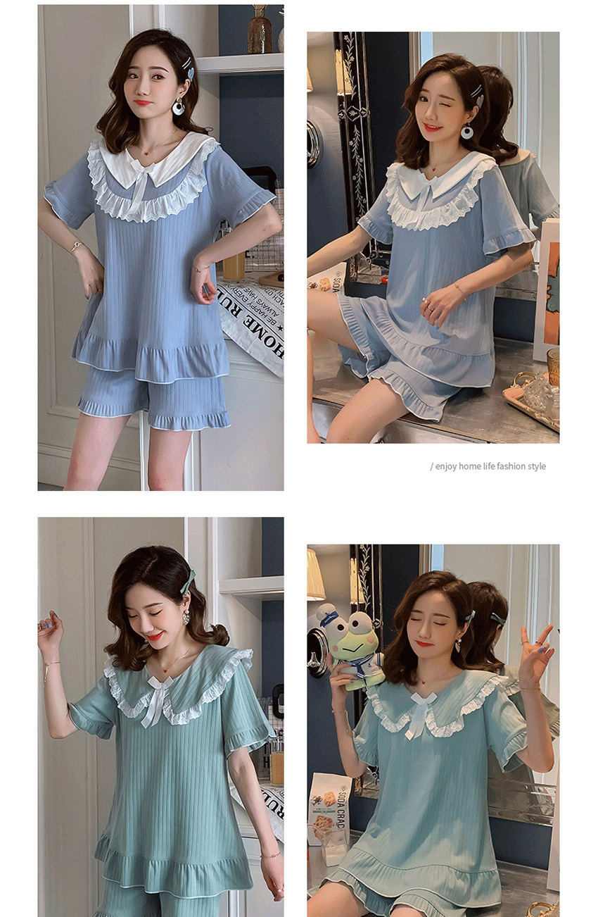 Fashion Bean Green Pure Cotton Short Sleeve Ruffled Home Service Suit  Cotton,CURVE SLEEP & LOUNGE