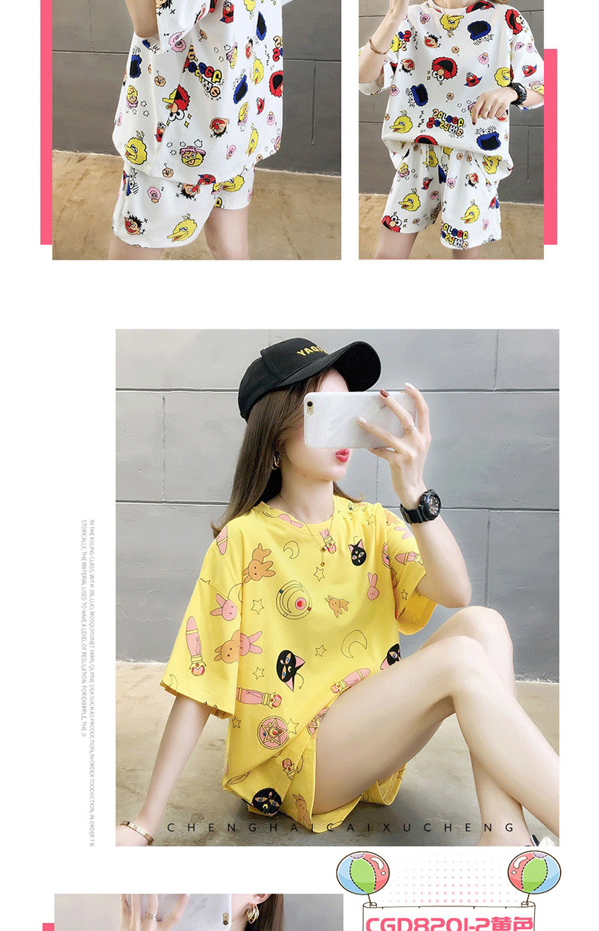 Fashion White Beauty Girl Cotton Loose-fitting Thin-print Printed Home Wear Pajamas Set  Knitted Cotton,CURVE SLEEP & LOUNGE