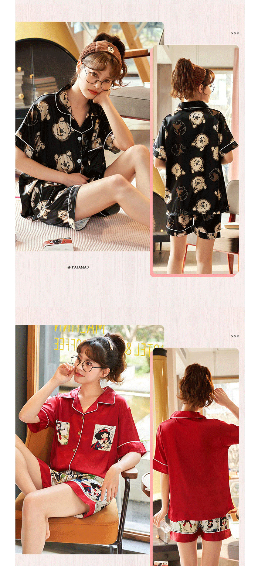 Fashion Princess Duck Ice Silk Thin Cardigan Printed Home Wear Pajamas Set  Silk,CURVE SLEEP & LOUNGE
