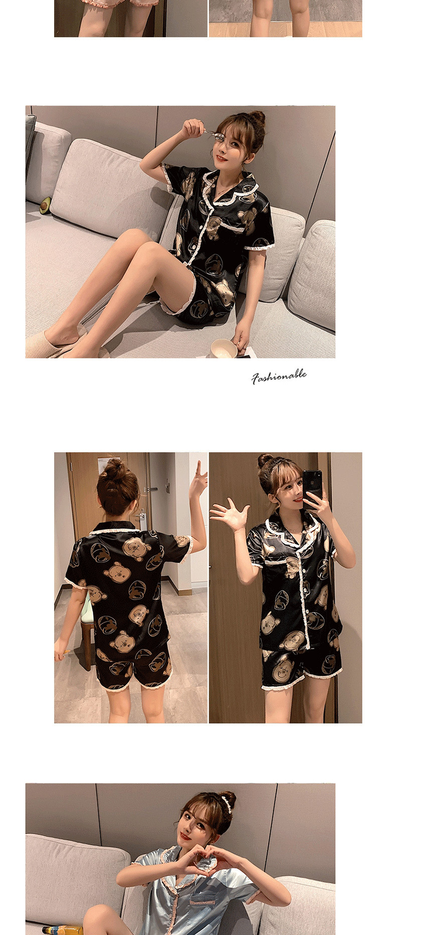 Fashion Black Mouse Ice Silk Thin Cardigan Printed Home Wear Pajamas Set  Silk,CURVE SLEEP & LOUNGE