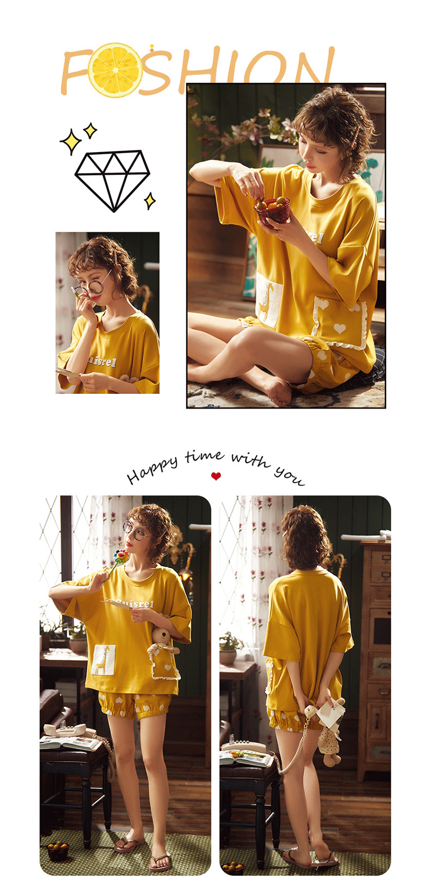 Fashion Yellow Dot Short-sleeved Cotton Loose Plus Size Printed Pajamas Suit  Cotton,SLEEPWEAR & UNDERWEAR