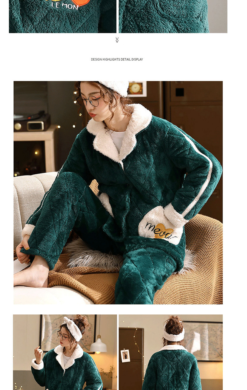 Fashion Dark Green Coral Velvet Three-layer Thickened Cotton-printed Home Service Suit  Coral Velvet,CURVE SLEEP & LOUNGE