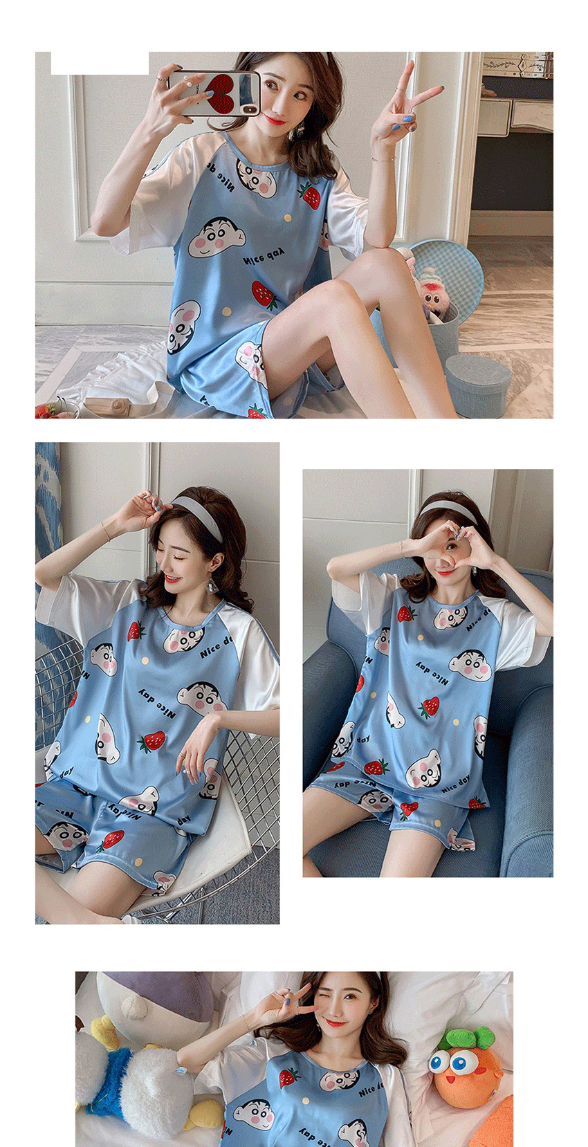 Fashion Strawberry Ice Silk Thin Short-sleeved Printed Large Size Home Service Suit  Silk,CURVE SLEEP & LOUNGE
