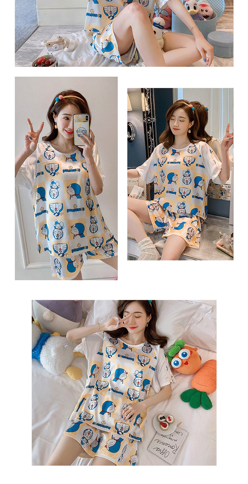 Fashion Doraemon Ice Silk Thin Short-sleeved Printed Large Size Home Service Suit  Silk,CURVE SLEEP & LOUNGE