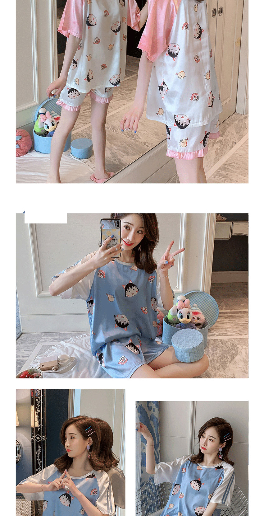 Fashion Snow White Ice Silk Thin Short-sleeved Printed Large Size Home Service Suit  Silk,CURVE SLEEP & LOUNGE