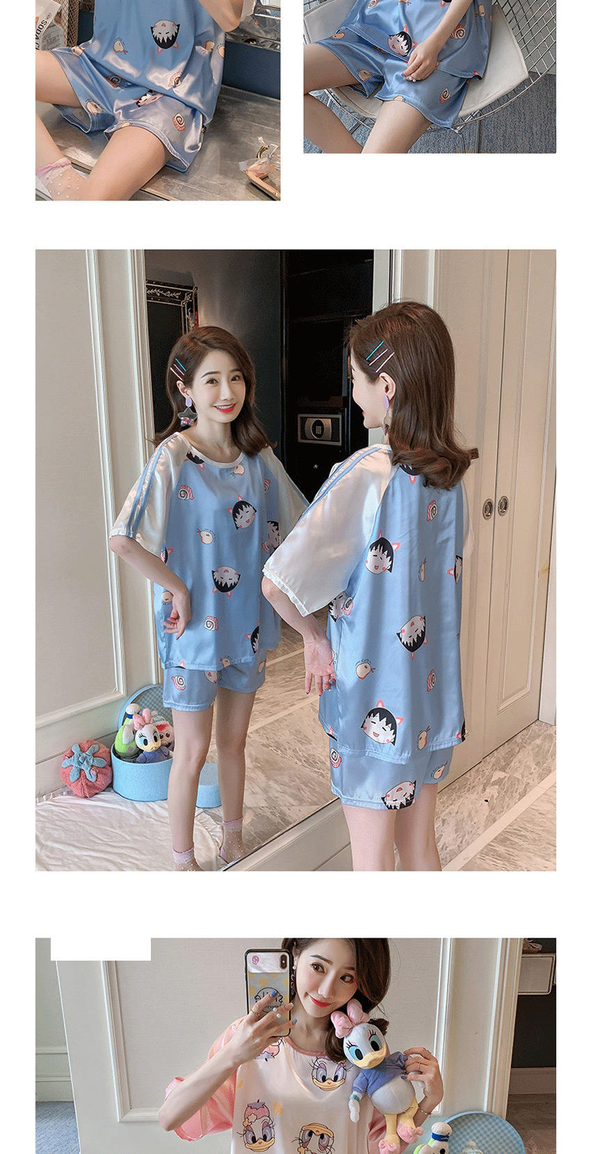 Fashion Doraemon Blue Ice Silk Thin Short-sleeved Printed Large Size Home Service Suit  Silk,CURVE SLEEP & LOUNGE