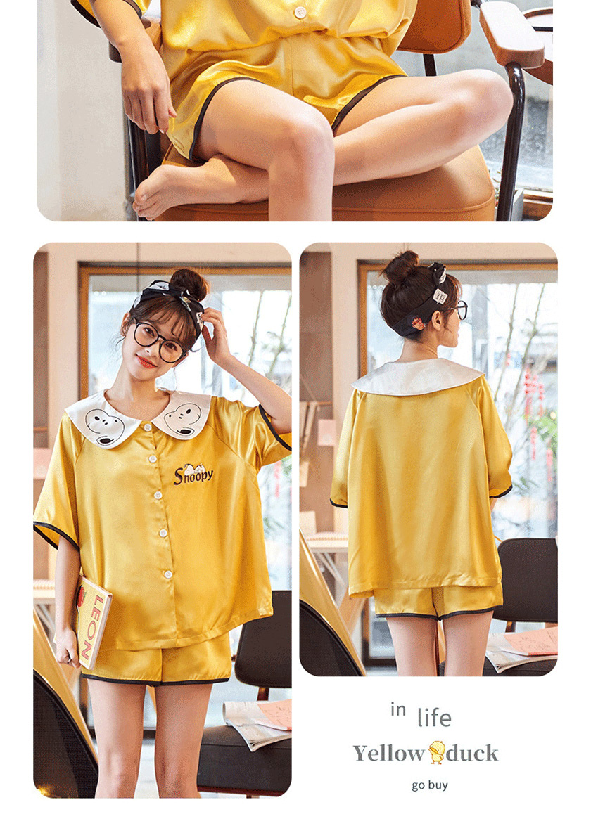 Fashion Yellow Ice Silk Short-sleeved Thin Printed Home Service Suit  Silk,CURVE SLEEP & LOUNGE
