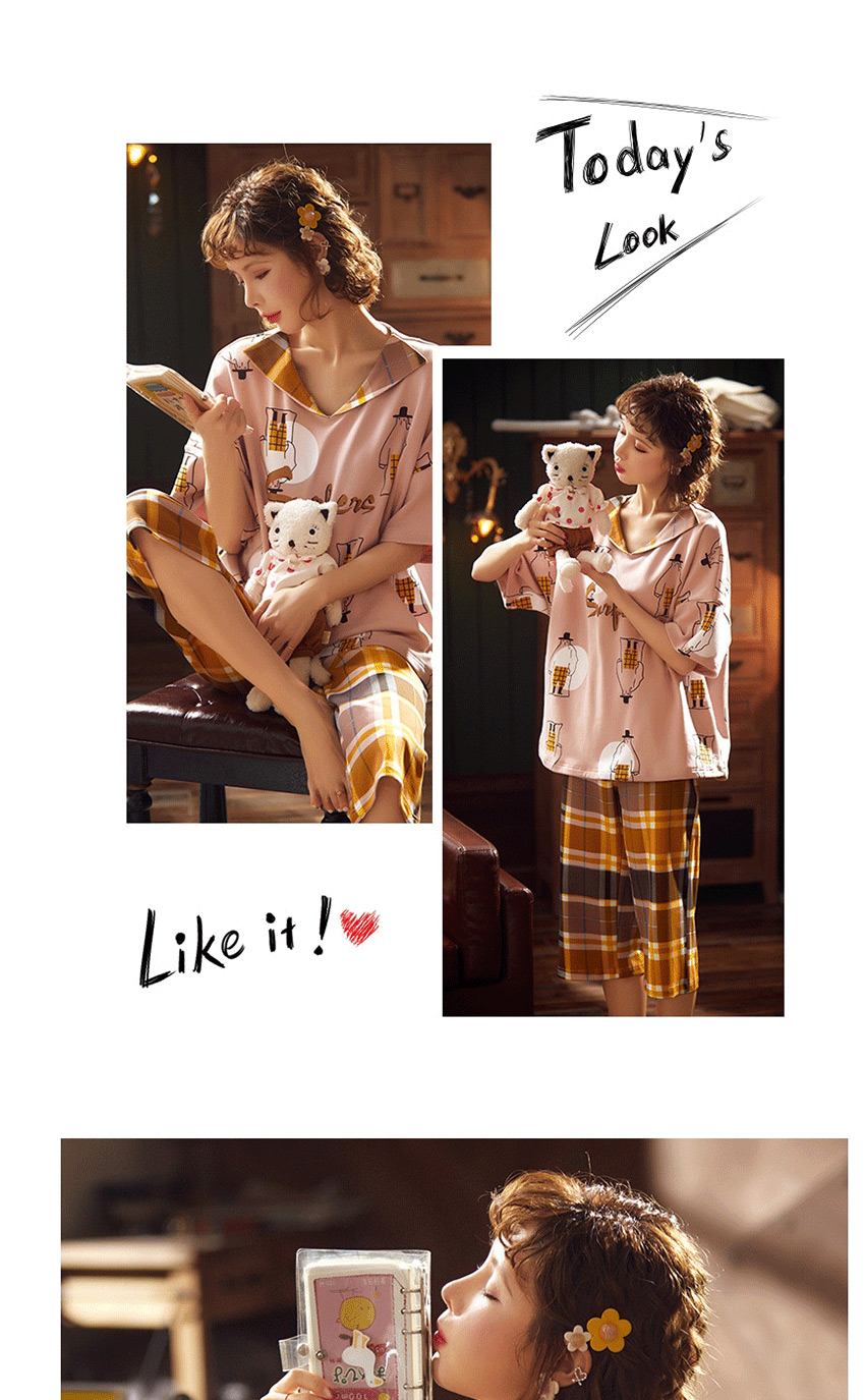 Fashion Apricot Love Letter Short-sleeved Cotton Thin Printed Pajama Suit  Cotton,SLEEPWEAR & UNDERWEAR