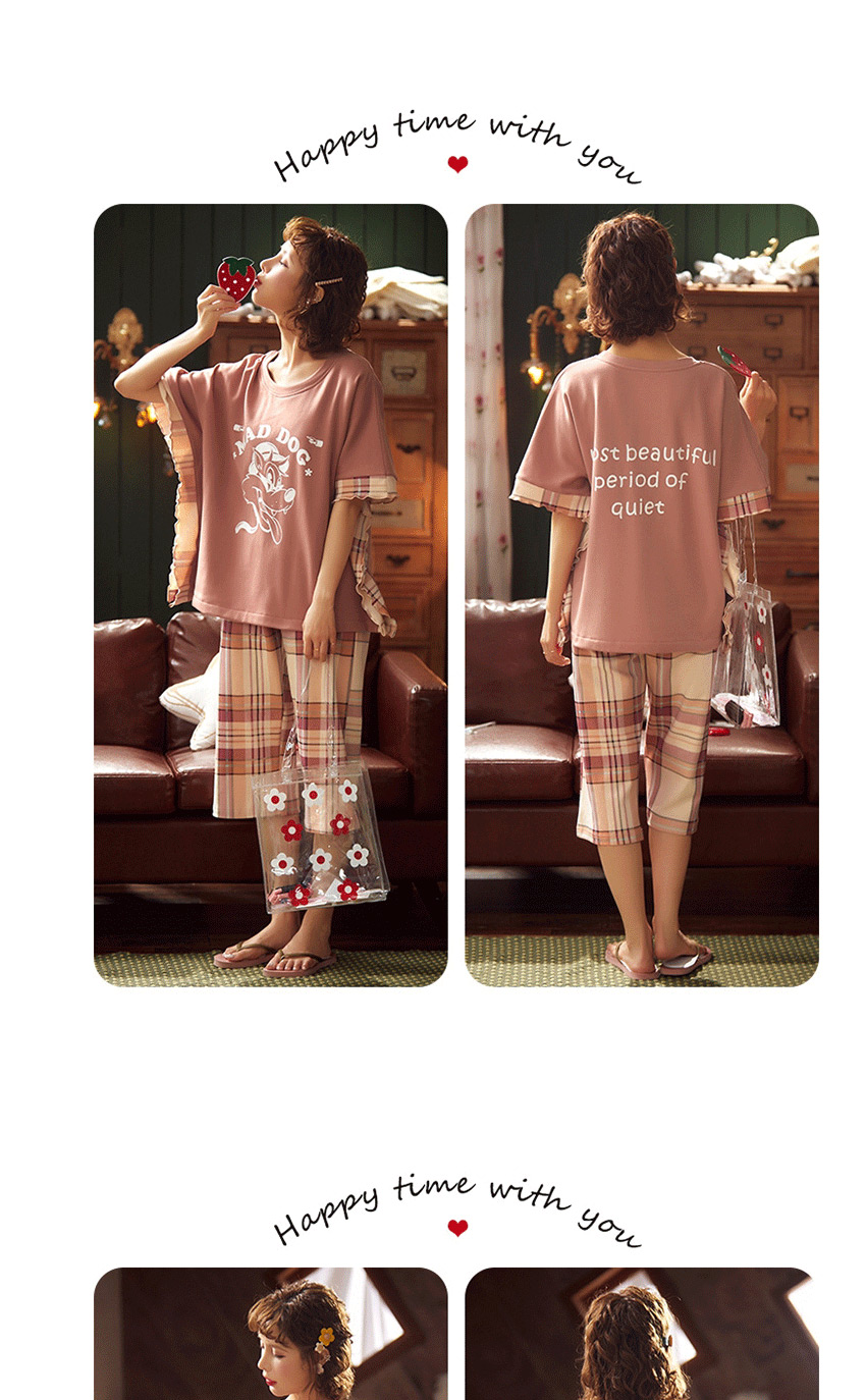 Fashion Pink Love Letter Short-sleeved Cotton Thin Printed Pajama Suit  Cotton,SLEEPWEAR & UNDERWEAR